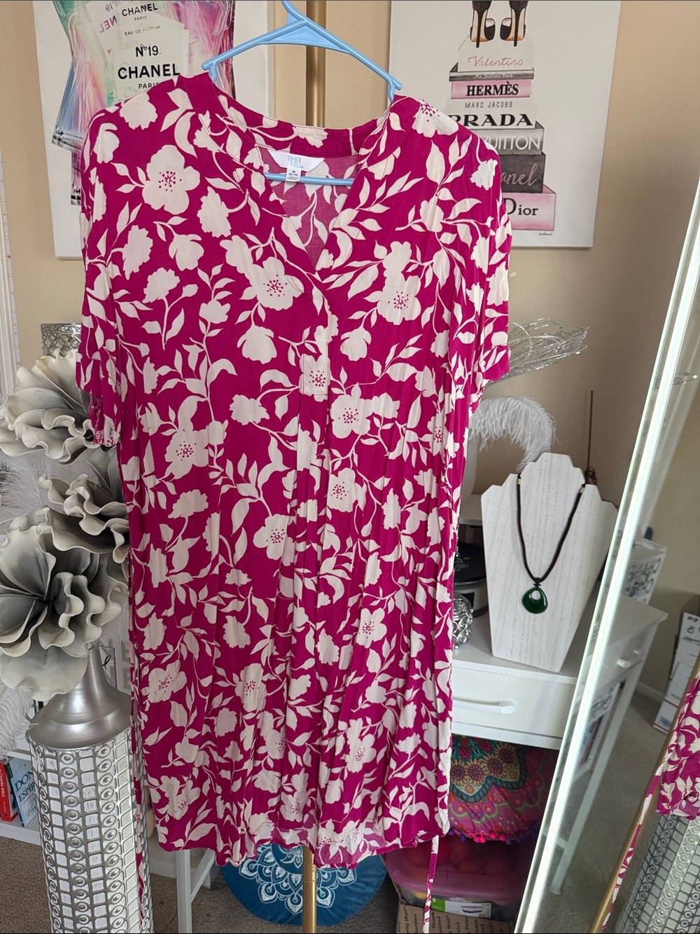 Time and Tru Fuchsia Floral Midi Dress with Cream Print